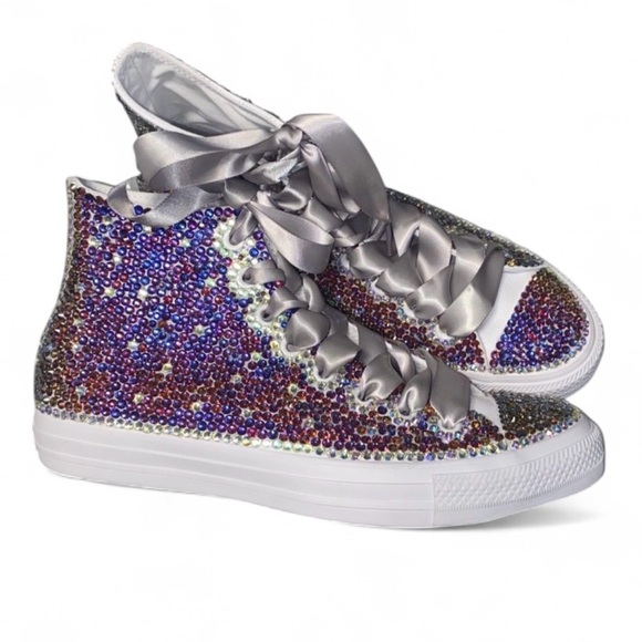 Meridian Blue Crystal High Top Converse Sizes 5-14 New In Box With Ribbon laces - Picture 4 of 15